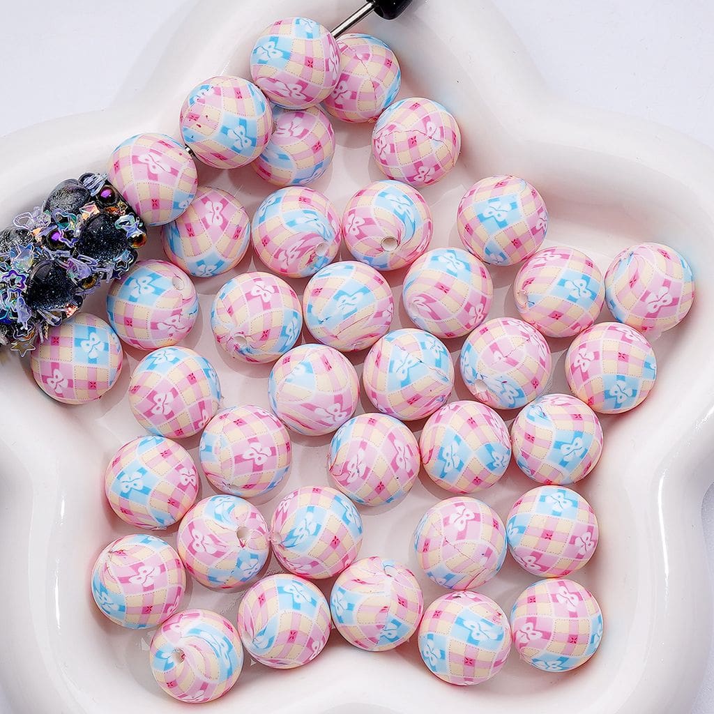 Soft Silicone Beads – Pink & Blue Bowknots, Light Yellow Checkered Print – 15MM, Number Z-00230
