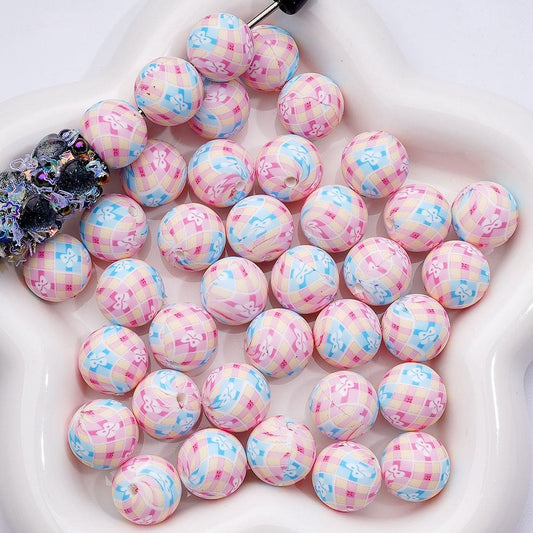 Soft Silicone Beads – Pink & Blue Bowknots, Light Yellow Checkered Print – 15MM, Number Z-00230