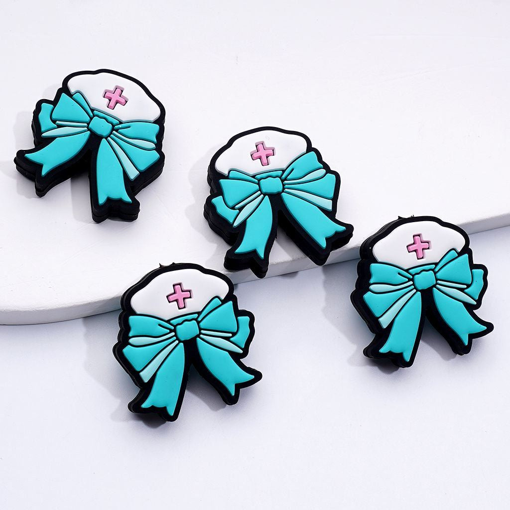 Purple Teal Pink Bowtie with White Nurse Hat Silicone Focal Beads