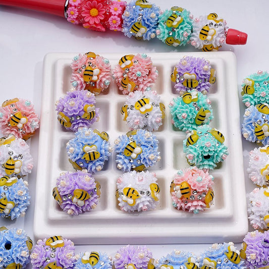 Cute Bee Mini Flowers Round Clay Beads with Clear Rhinestones, Around 23MM, Random Mix