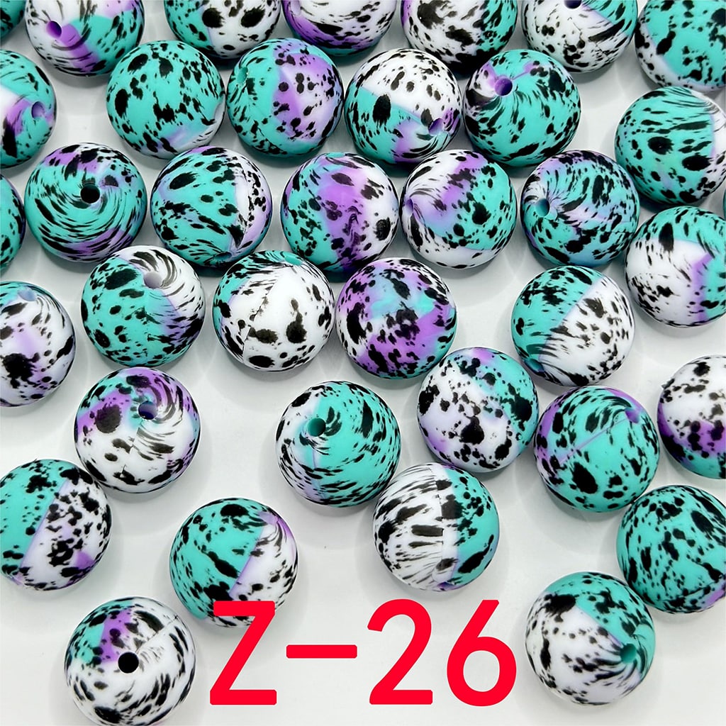 Round Half Teal Half White with Black Spots Printed Silicone Beads 15mm, Number Z-26