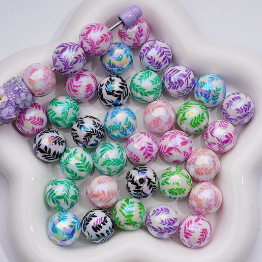 Multi-Color Willow Leaves UV Coating White Round Acrylic Beads 16MM Random Mix
