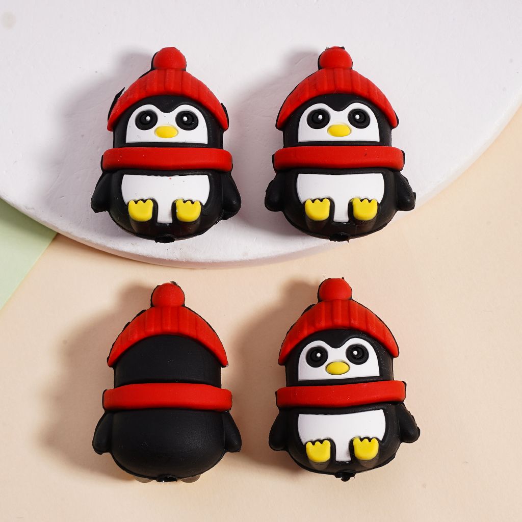 3D Cute Penguin Red Christmas Hat & Scarf Silicone Focal Beads