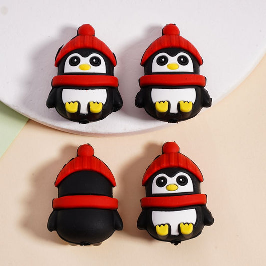 3D Cute Penguin Red Christmas Hat & Scarf Silicone Focal Beads