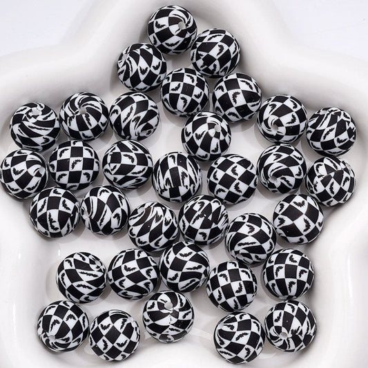 Black and White Checkered Bat Halloween Print Silicone Beads15MM, Number Z-00275
