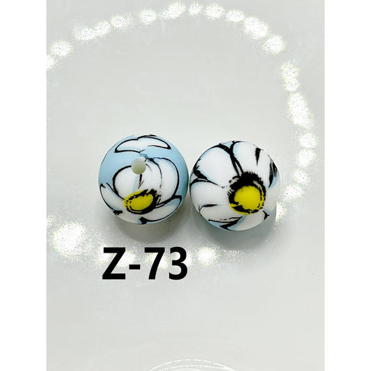 White Yellow Flower Round Printed Silicone Beads, Large 15mm, Number Z-73