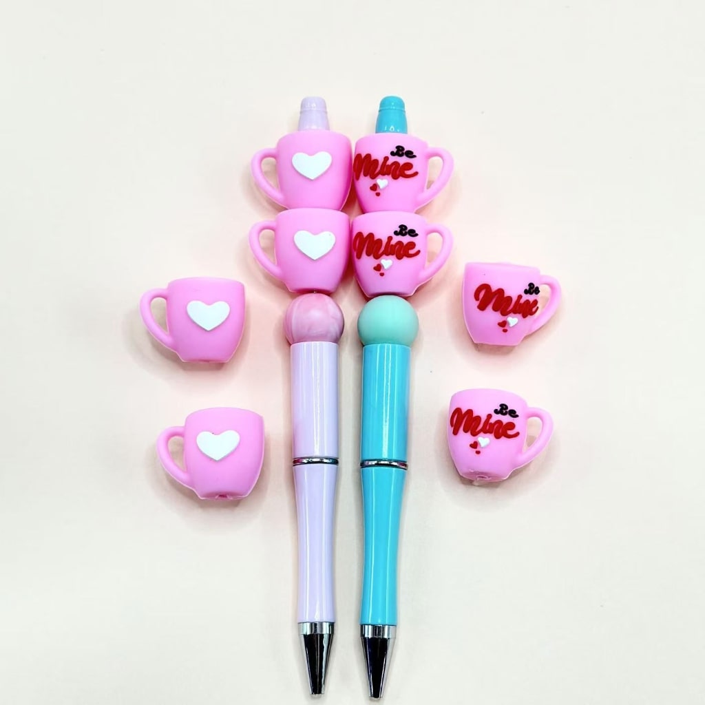 Pink White 3D Mini Cute Rose Red Cup with Heart Be Mine Silicone Focal Beads