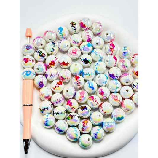 UV Coating Colorful Electrocardiograph Print White Acrylic Beads, Random Mix, 16MM