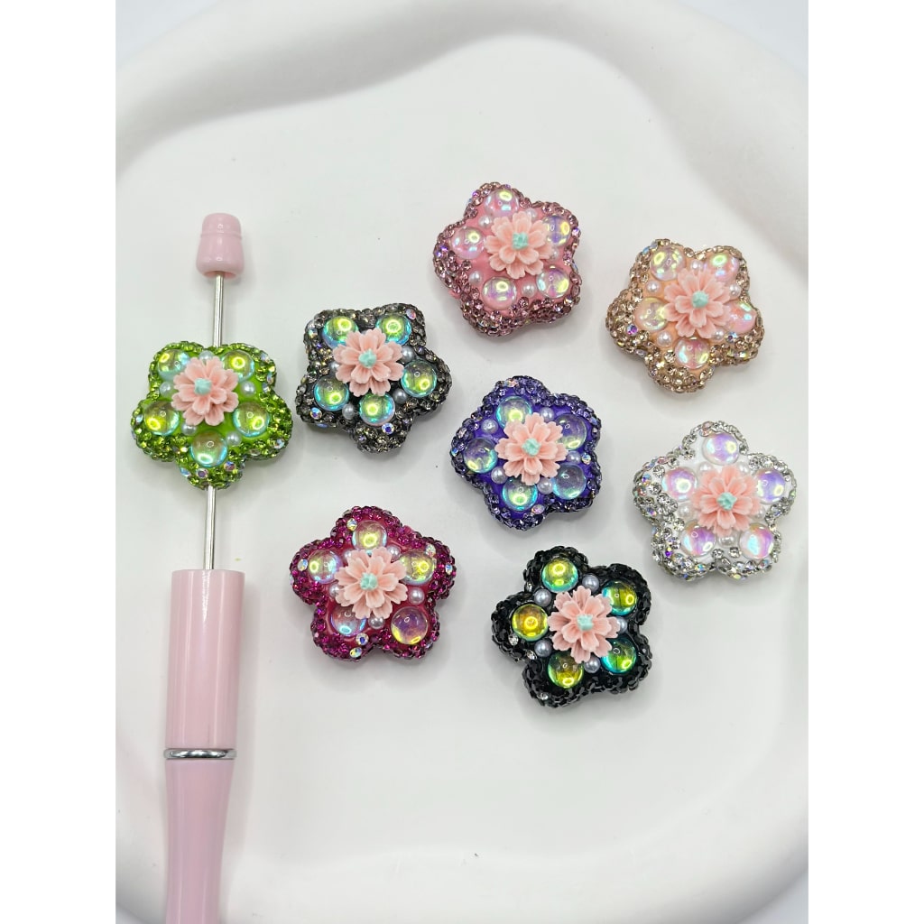 Small Flower Pearls Clear Rhinestones with Flower Shape Clay Beads with in Solid Colors, 26MM by 26MM