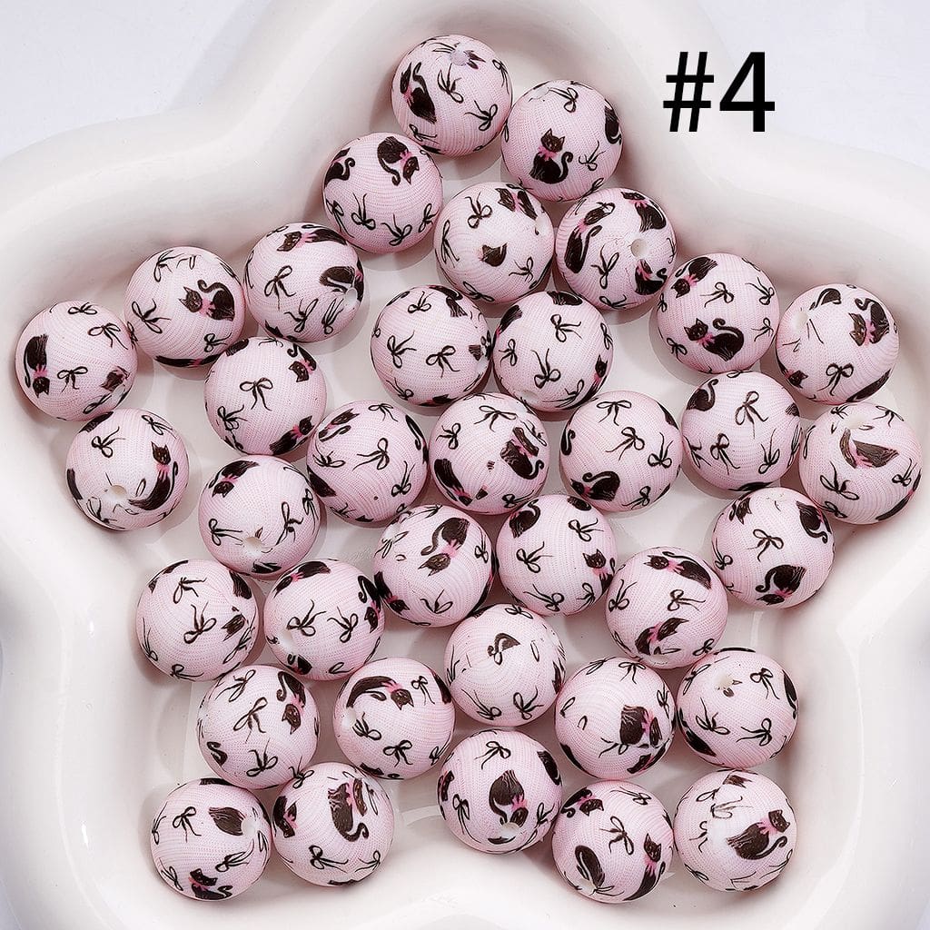 Black Cat Faces with Bowknot, Light PinkRound Printed Silicone Beads 15 mm