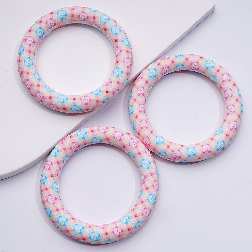 Soft Silicone Ring Frame Bead – Pink & Blue Bowknots, Light Yellow Checkered Print – 65MM Car Hanger Charm Loop