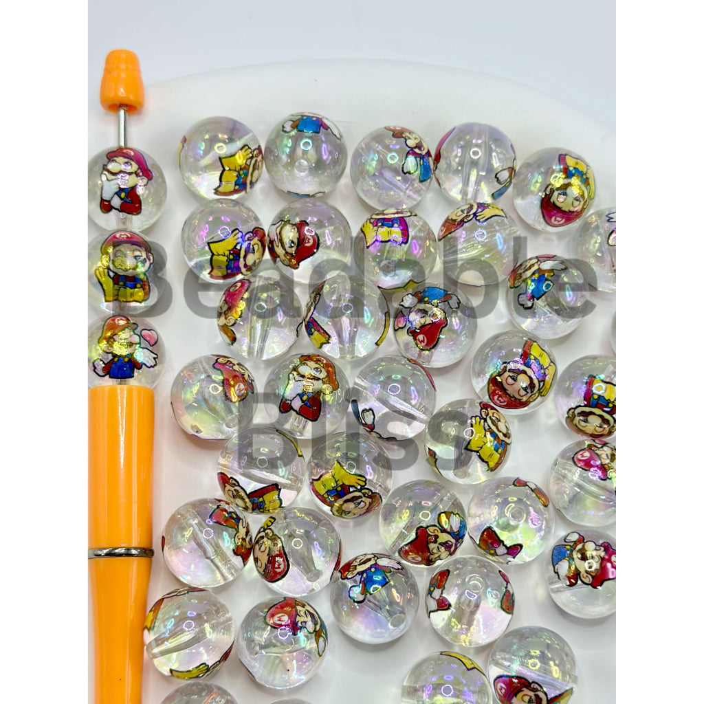 Clear UV Coating Acrylic Beads with Plumber Character, Random Mix, 16MM
