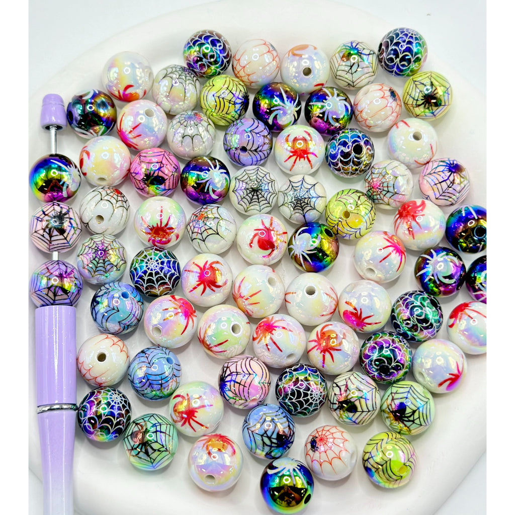 Spider Net Pattern Round Acrylic Beads, Random Mix, 16MM
