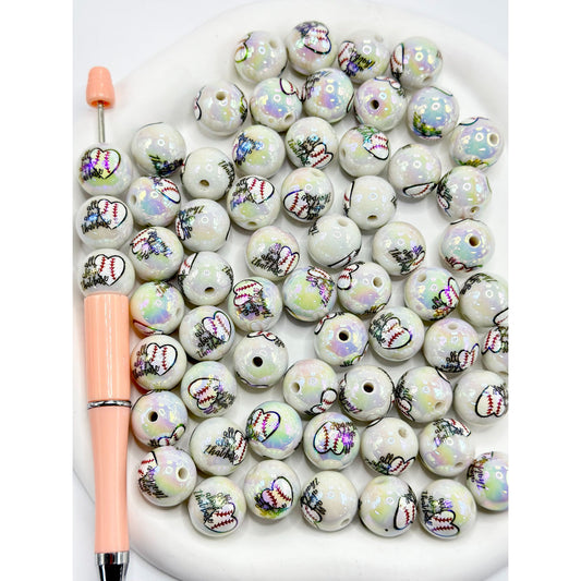 White Heart Baseball All About that Base Prints UV Coating Acrylic Beads, 16MM