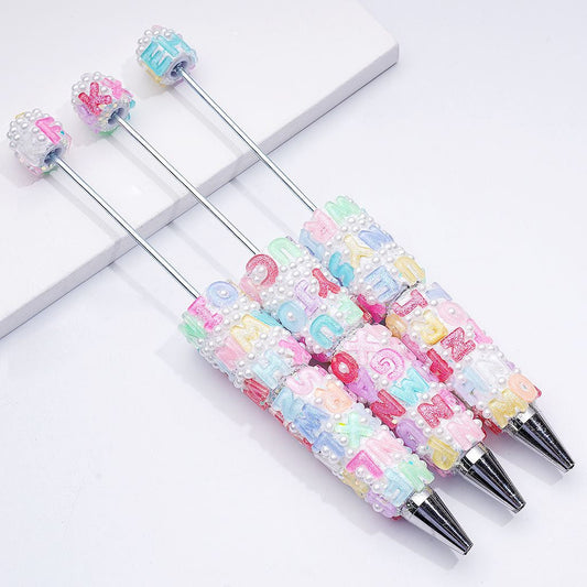 White Pearl Pens with Cute English Letters Random Mix Beadable Clay Pens