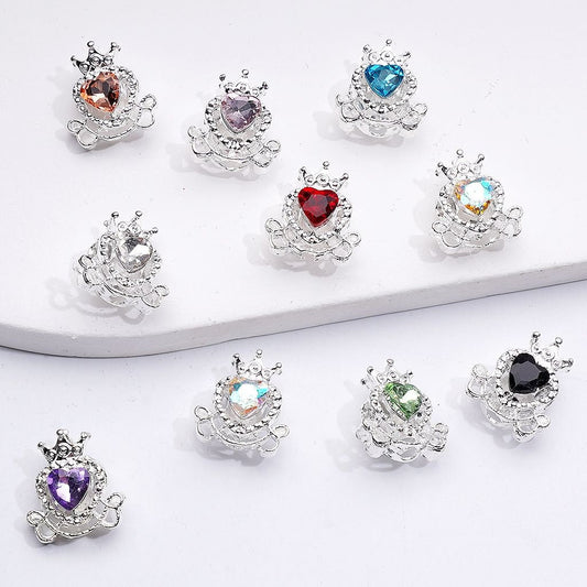 Silver Shiny Alloy Fance Beads Heart with Crown Design 14*16MM Rhinestone Details