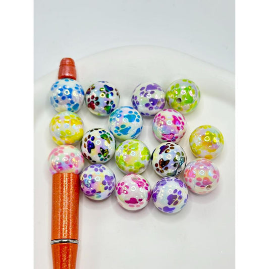 UV Coated Animal White Paw Print Round Acrylic Beads Random Mix, 16MM