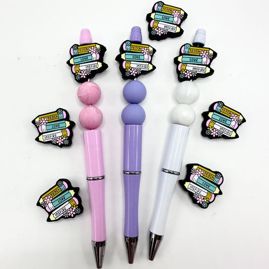 Colorful Pencils School Teacher Love Inspire with Small Flowers Silicone Focal Beads