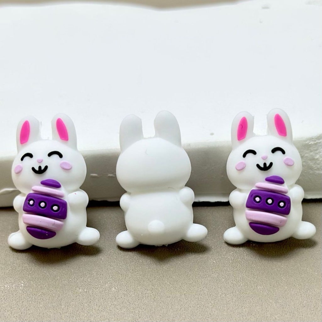 White Bunny Rabbit Holds a Purple Egg 3D Little Cute Easter Silicone Focal Beads