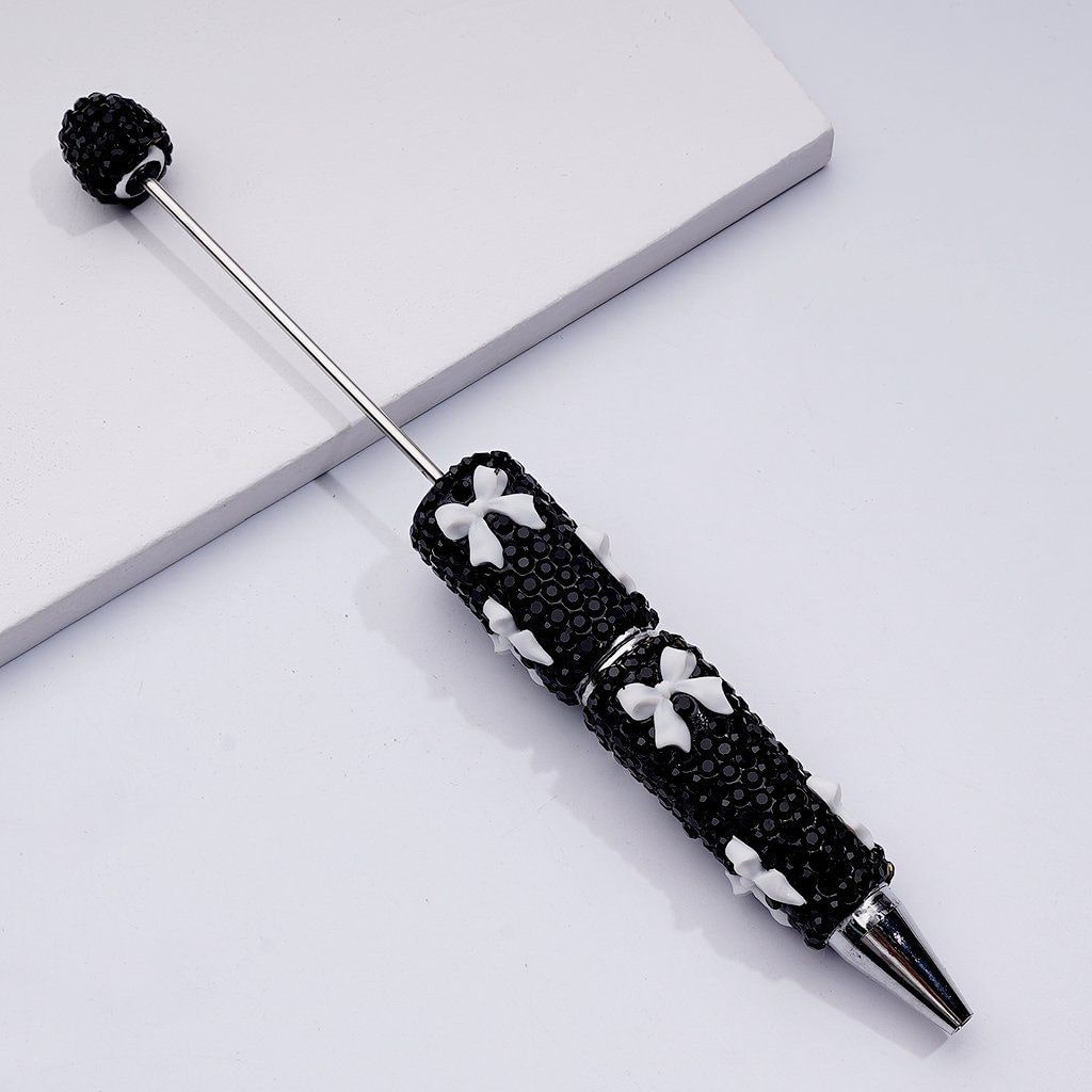 Colorful Clay Pen with Bowknots Beadable Design with Black Rhinestones in Pink, Red, Blue & White