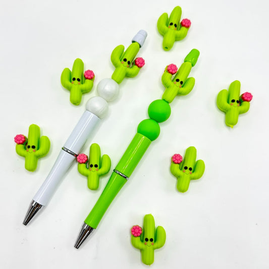 3D Silicone Focal Beads Green Cactus Cereus Desert Plant with Red Flower