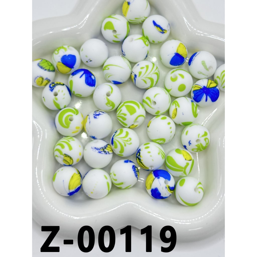 Butterfly Green Grass Blue Yellow White Round Printed Silicone Beads 15mm, Number Z-00119