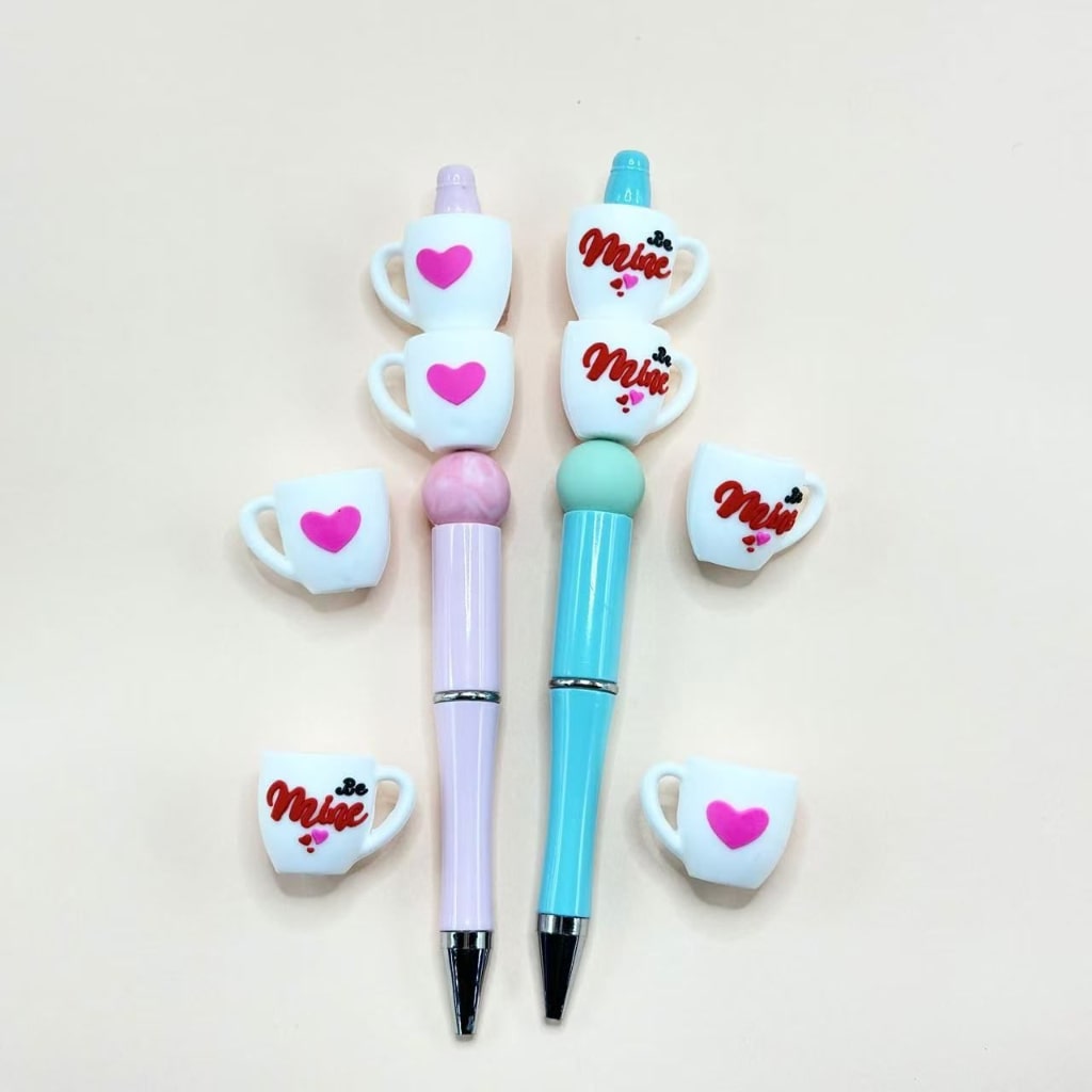 Pink White 3D Mini Cute Rose Red Cup with Heart Be Mine Silicone Focal Beads