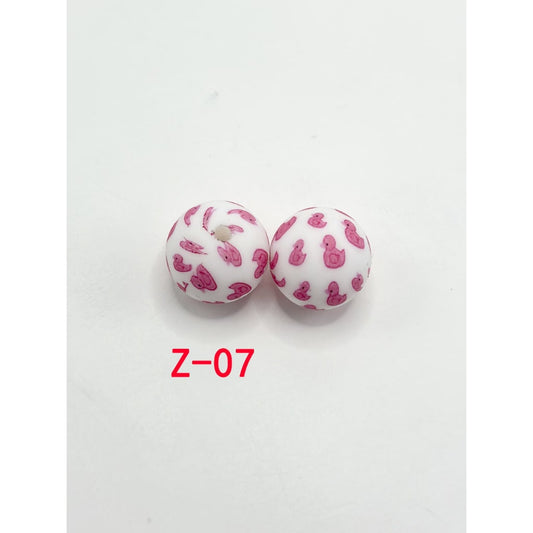 Round Printed Little Pink Duck Pattern Silicone Beads 15mm, Number Z-07