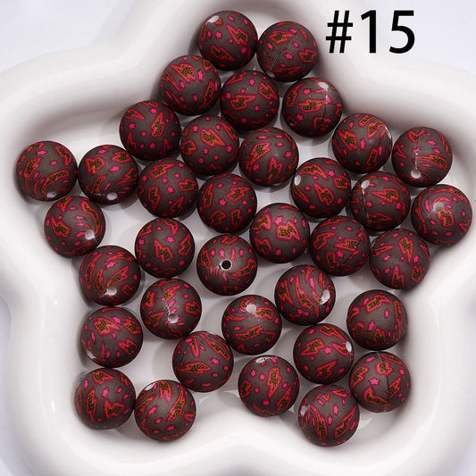 Dark Brown Base with Red Star & Lightning Prints Bold Round 15MM Silicone Beads