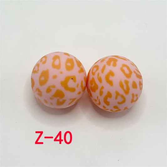 Leopard Prints Light Pink Round Orange Janguar Printed Silicone Beads 15mm, Number Z-40