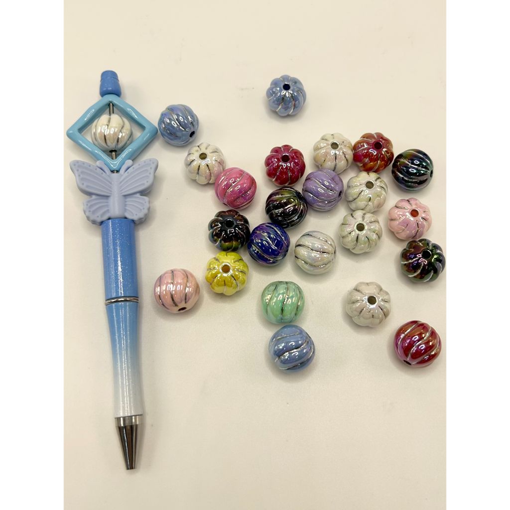 Colorful Pumpkin with Curvy Silver Stripes Acrylic Beads