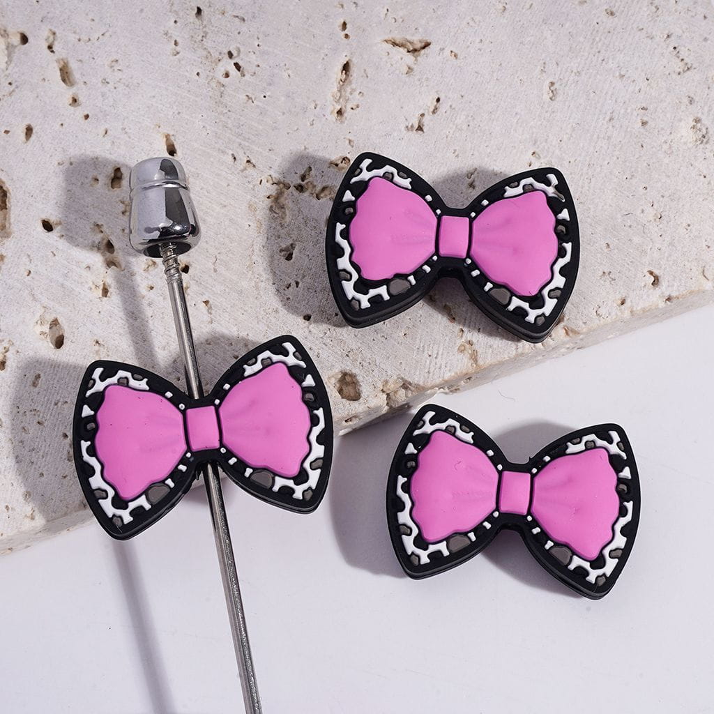 Cute Two Layer Bowtie Leopard Print Base Multicolor Silicone Focal Beads