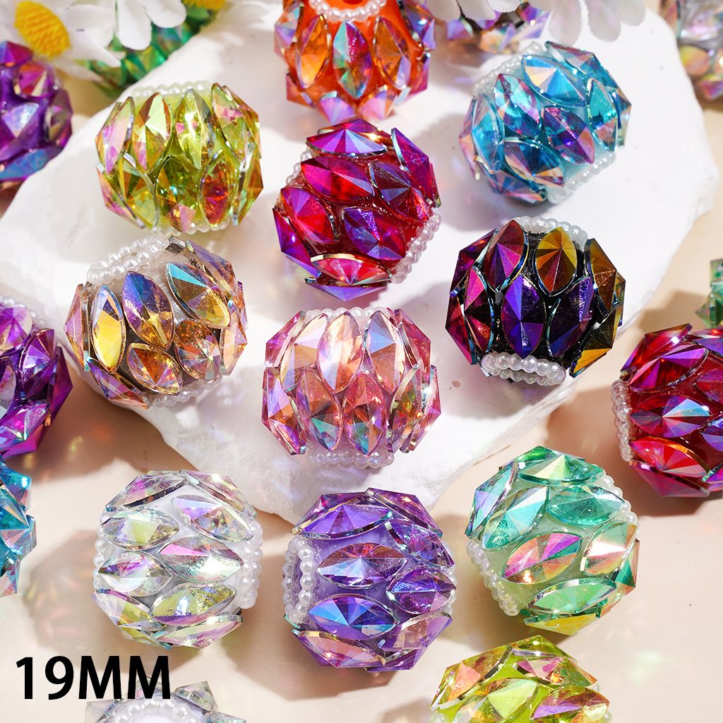 Handcrafted Acrylic Beads w Dazzling Marquise Cut Rhinestones, White Pearl Chains, Around 20MM