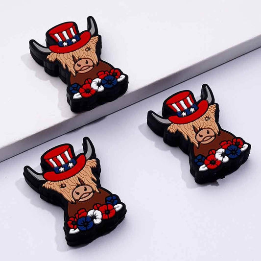 Patriotic Cute Cow Silicone Focal Beads with USA Flag Hat & Floral Design