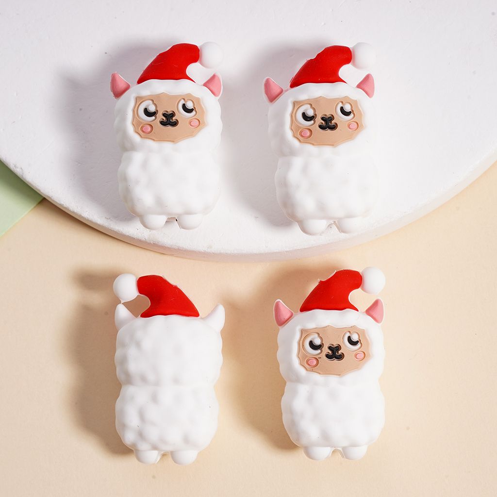3D Cute Sheep Red Christmas Hat Design for Holiday Crafts Silicone Focal Beads
