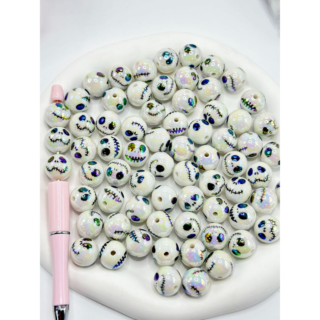 White UV Coating Acrylic Beads with Skeleton Couple Face Prints, Random Mix, 16MM