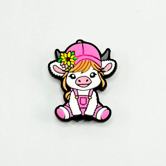 Calf Cute Cow with Yellow Flower Pink Hat Silicone Focal Beads