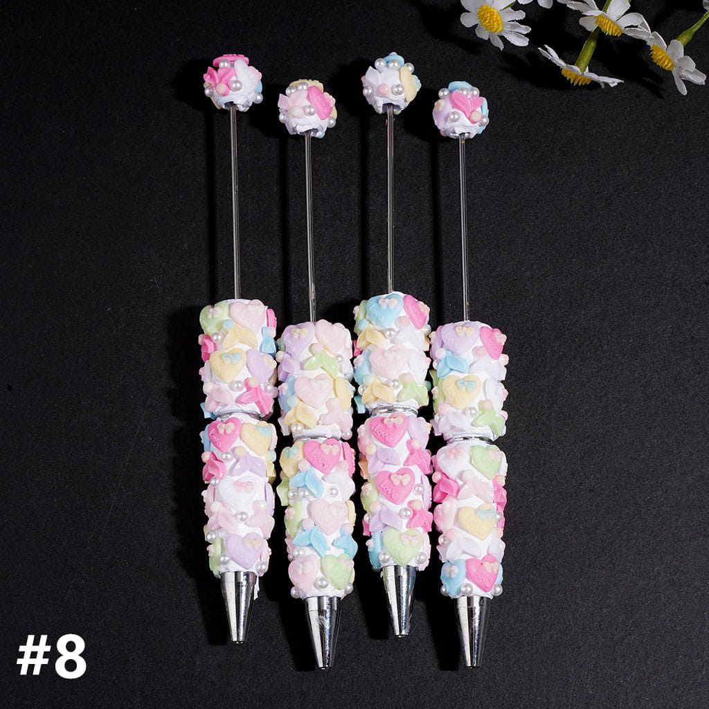 Fishtail and Heart with Bowtie Text "Love" Beadable Clay Pens, White Pearl, Multi-Color