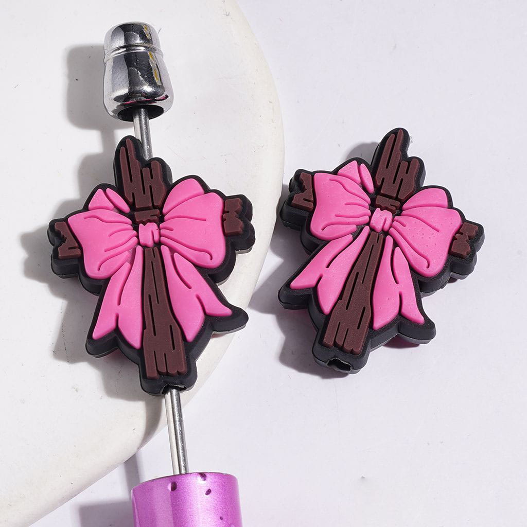Silicone Focal Beads Brown Wooden Cross with Bowtie, 23*30MM, Multi-Color