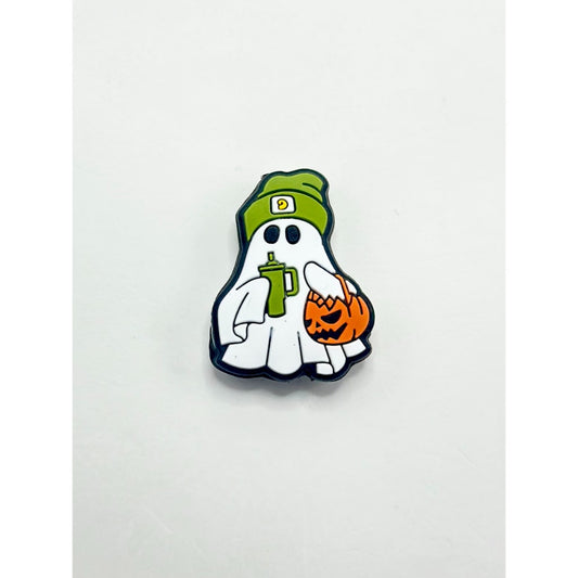 A Bottle and a Pumpkin Bag with Green Hat White Ghost Holds Silicone Focal Beads