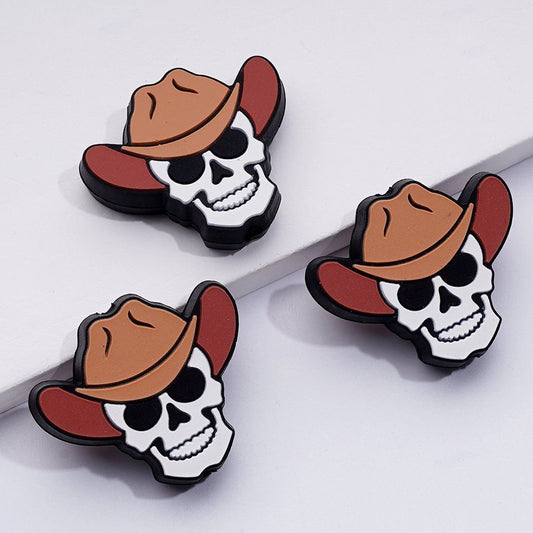 Menacing Skeleton Skull Head Silicone Focal Beads – Brown Cowboy Hat for a Bold Western Look