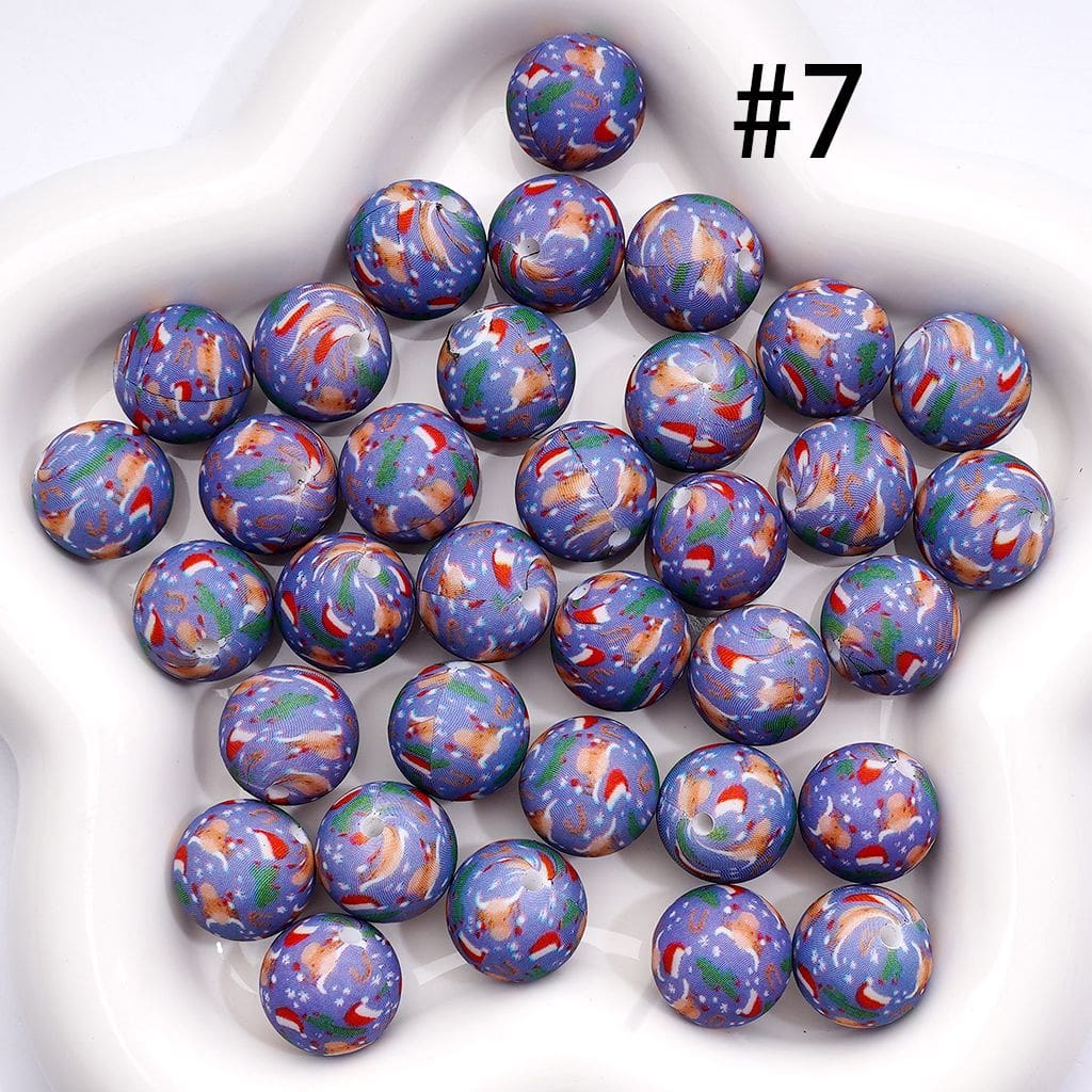 Festive Cute Cow Head Design Christmas Red Hat, Purple Round Printed Silicone Beads 15mm