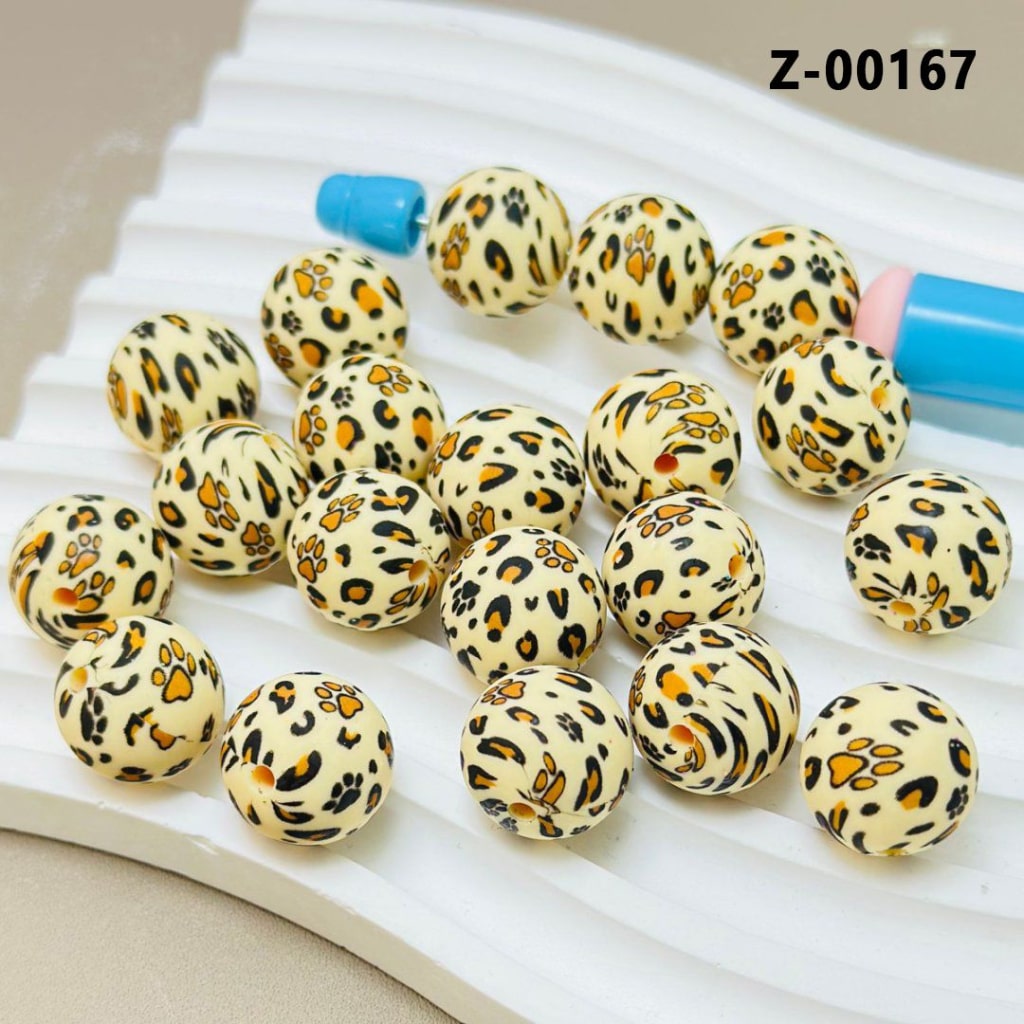 Paw Prints Maize-yellow Round Black-Brown Jaguar Printed Silicone Beads 15mm, Number Z-00167