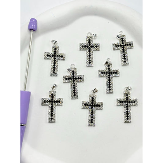 Silver Color Metal Alloy Religious Cross Shape Charm with Rhinestones, 32mm x 19mm