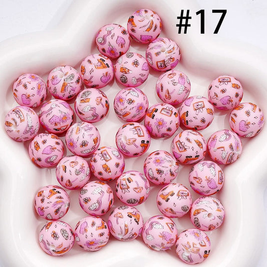 Cute Mixed Designs Roller Skate, Strawberry, Flower, Mushroom & Star Prints, Cute Pink Mix 15MM Silicone Beads
