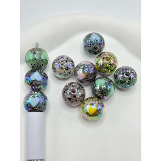 Colorful Heart Patterns Clear Acrylic Beads and Black Confetti Inside, Random Mix, 16MM