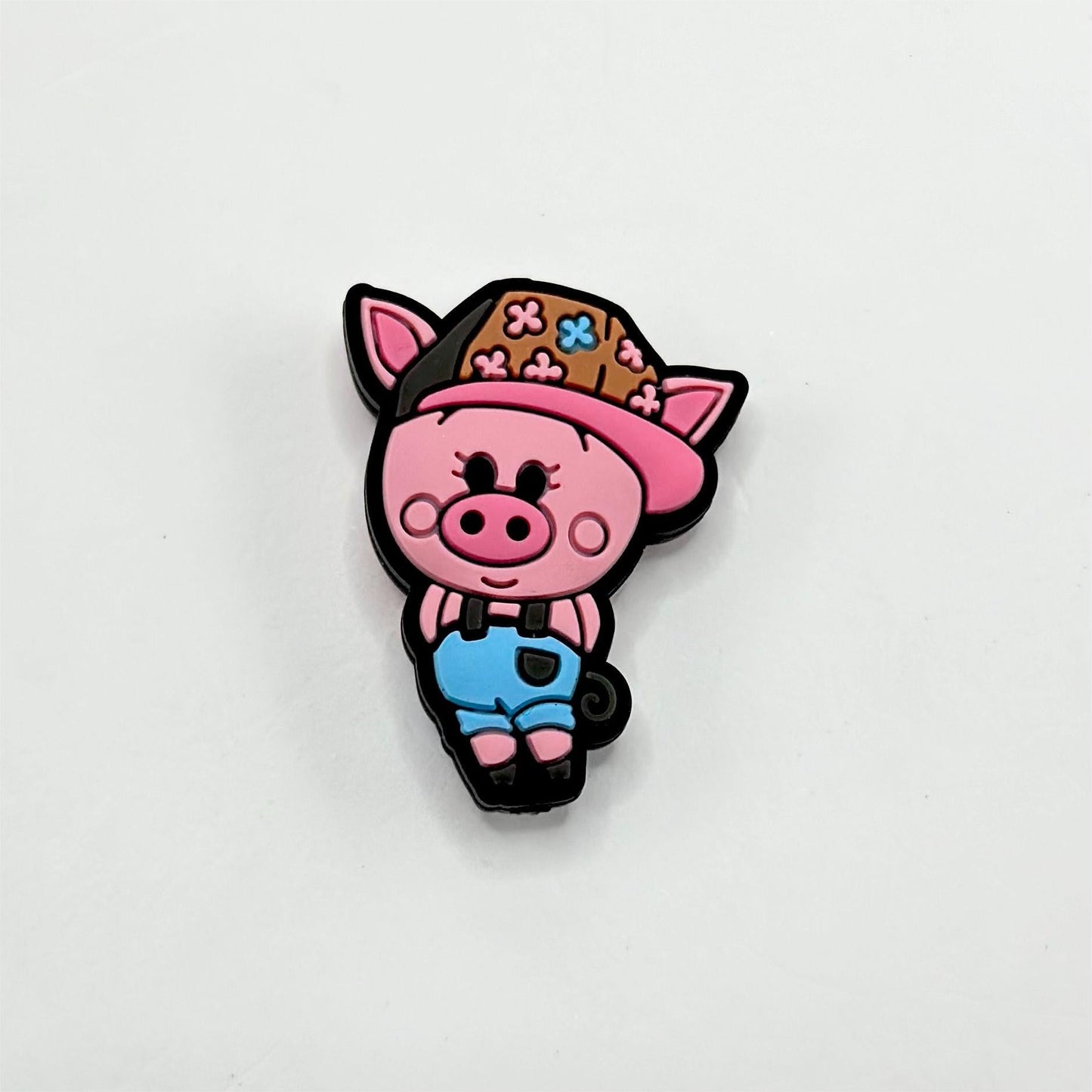 Cute Pink Piggie with Trousers and Brown Hat Blue Suspender Silicone Focal Beads