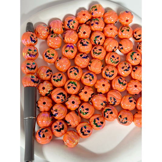 Orange UV Coating Acrylic Beads with Halloween Horror Mask Prints, Random Mix, 16MM