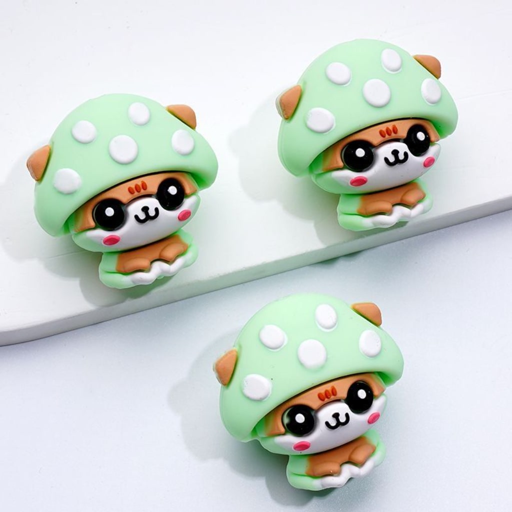3D Puppies Cute Dogs Animal with Mushroom Hats Caps Silicone Focal Beads
