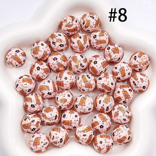 Playful Pink Plaid & Drink Cup & Black Flower Design Round White Base Printed Silicone Beads 15mm